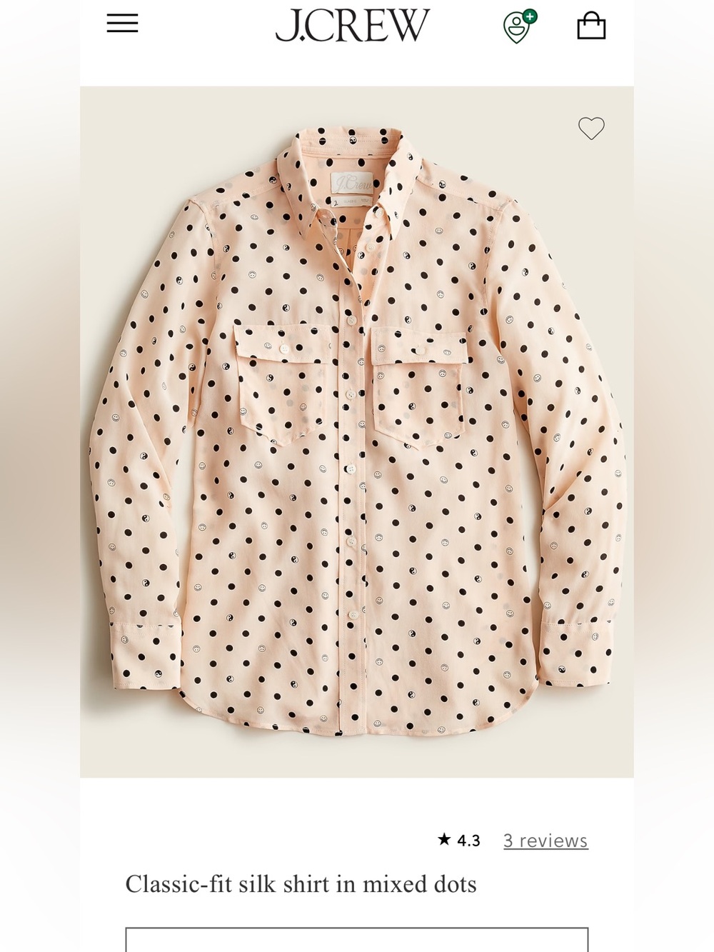 J.  Crew classic fit silk shirt in mixed dots light pink background, size 6, NWT